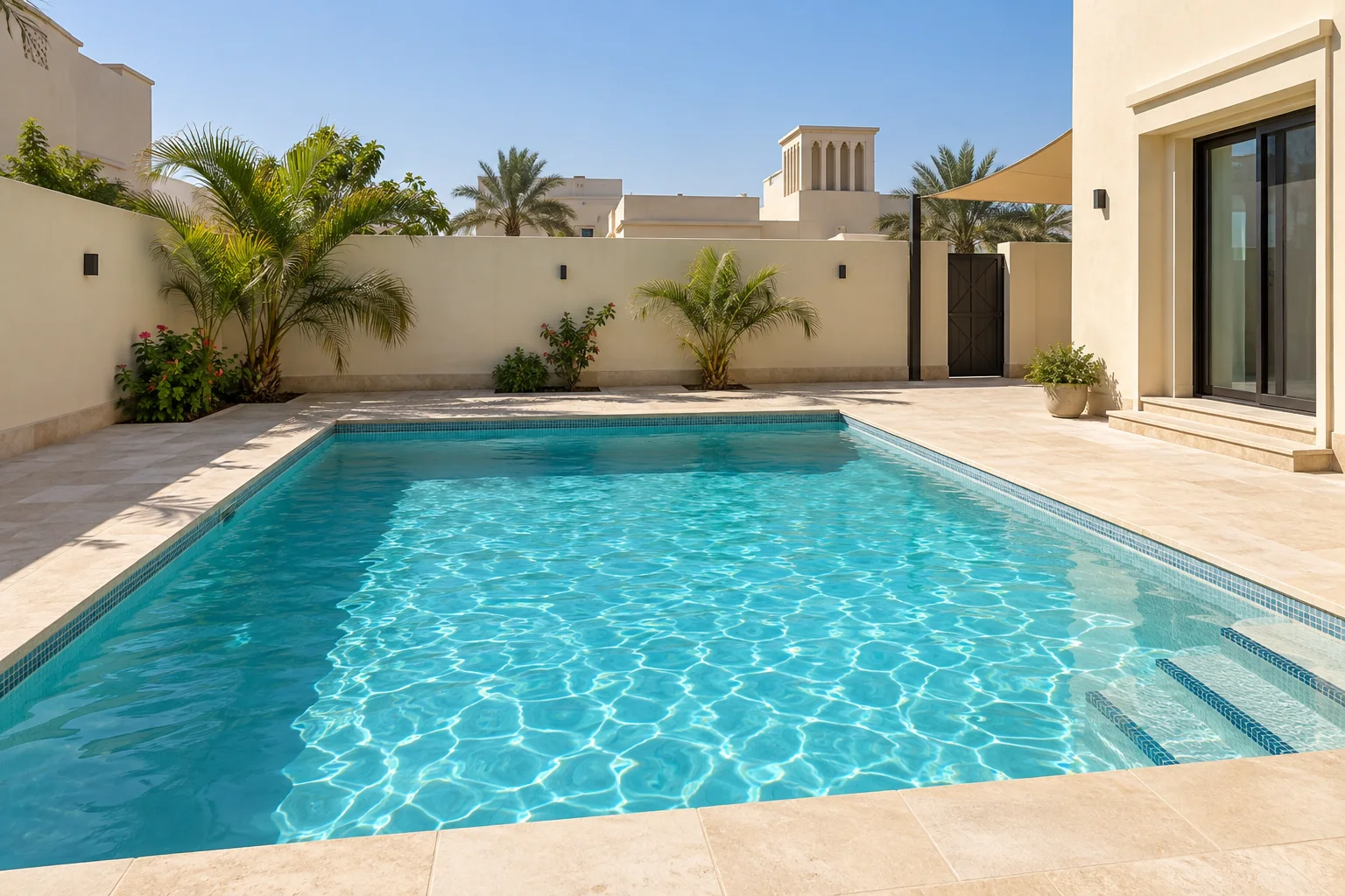 Illustrative view of a clean private pool in a sunlit residential courtyard